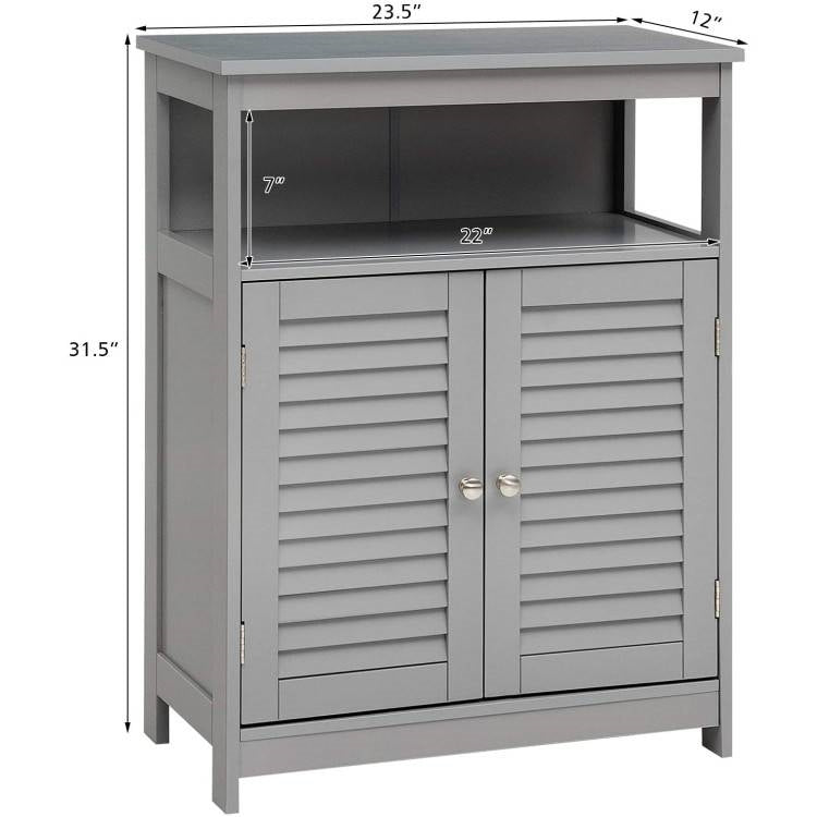Grey Farmhouse Bathroom Linen Cabinet with Louvered Doors and Open Shelf