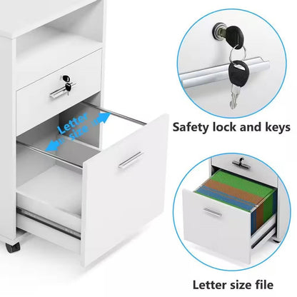 White Rolling 2-Drawer Mobile File Cabinet Printer Stand Office Cart on Wheels