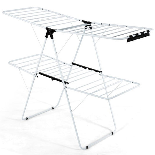 White 2 Level Foldable Clothes Drying Rack Adjustable Height