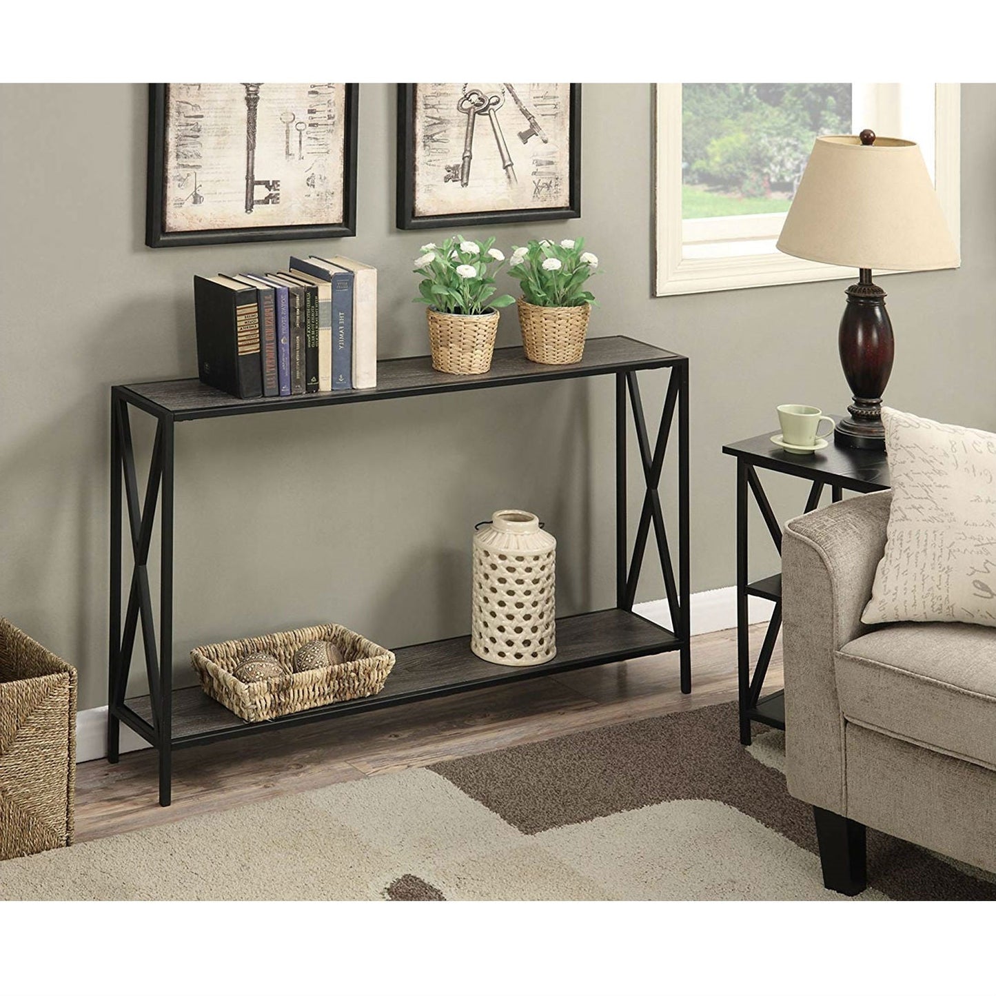 Weathered Grey Wood Console Sofa Table with Bottom Shelf and Metal Frame