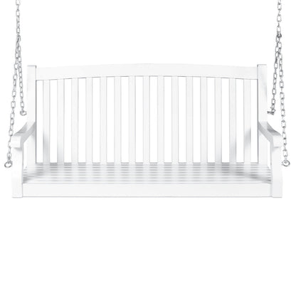 White Acacia Wooden Curved Back Hanging Porch Swing Bench with Mounting Chains