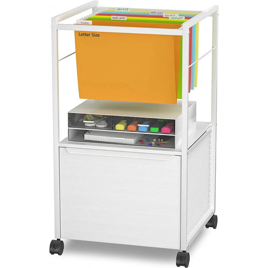 White Metal Wood Rolling File Cabinet with Open File Hanging Bar