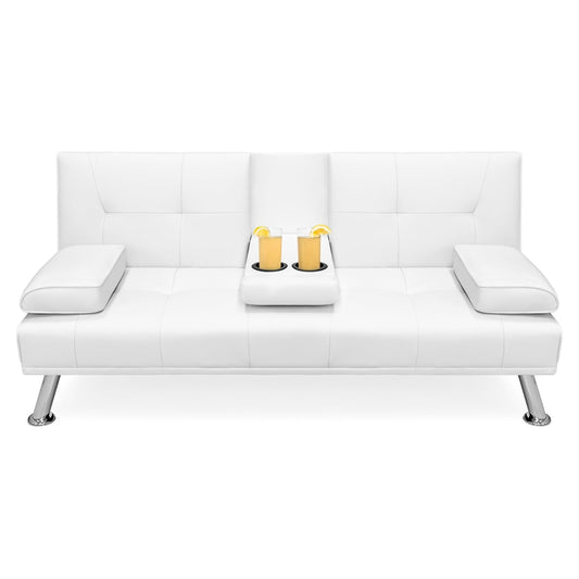 White Faux Leather Convertible Sofa Futon with 2 Cup Holders