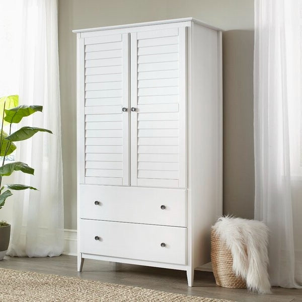 FarmHome Louvered Distressed White Solid Pine Armoire