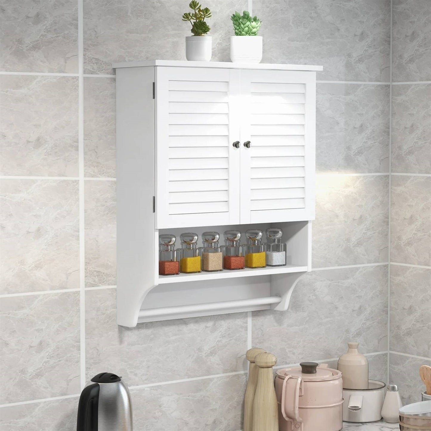 White Wall-Mounted Bathroom Storage Medicine Cabinet with Louver Doors