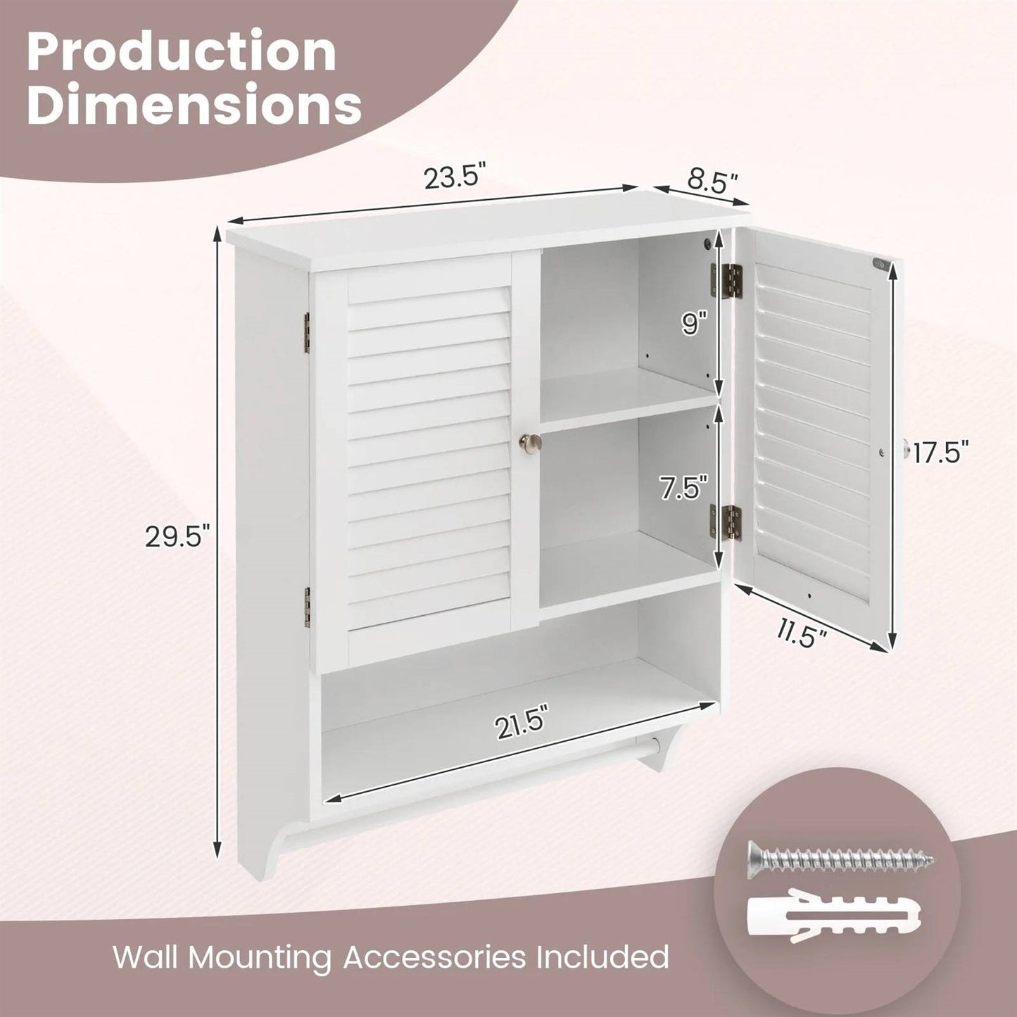 White Wall-Mounted Bathroom Storage Medicine Cabinet with Louver Doors