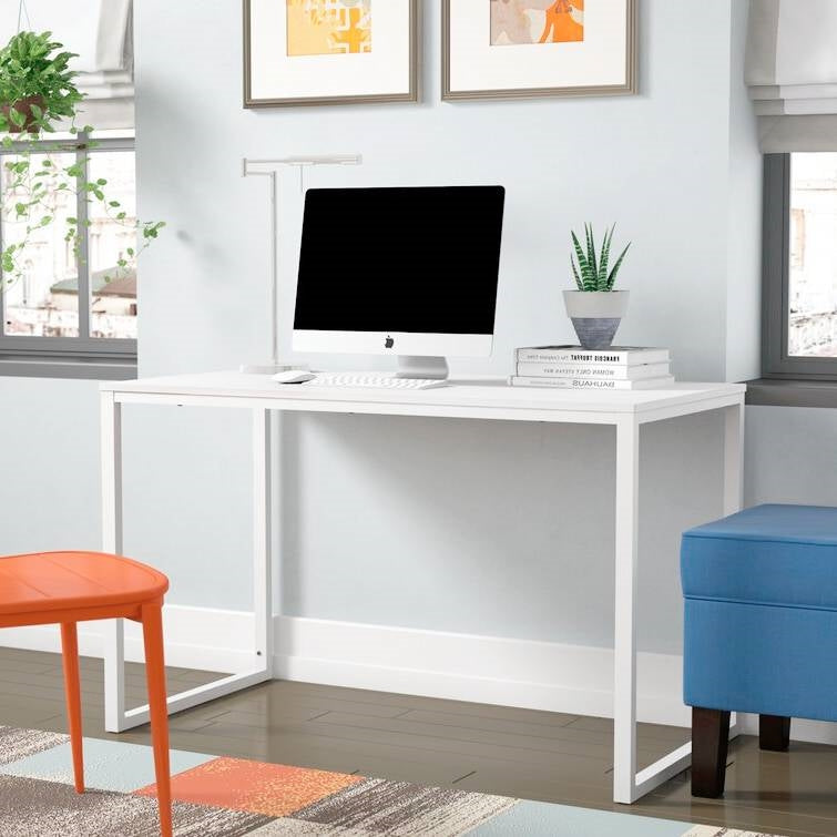 Modern Home Office Desk with White Metal Frame and Wood Top