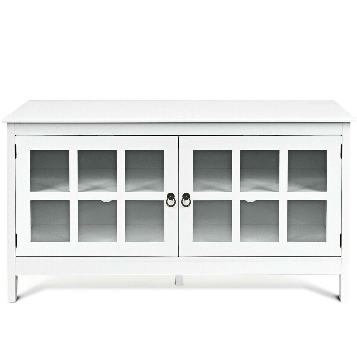 White Wood Entertainment Center TV Stand with Glass Panel Doors