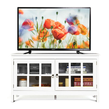 White Wood Entertainment Center TV Stand with Glass Panel Doors