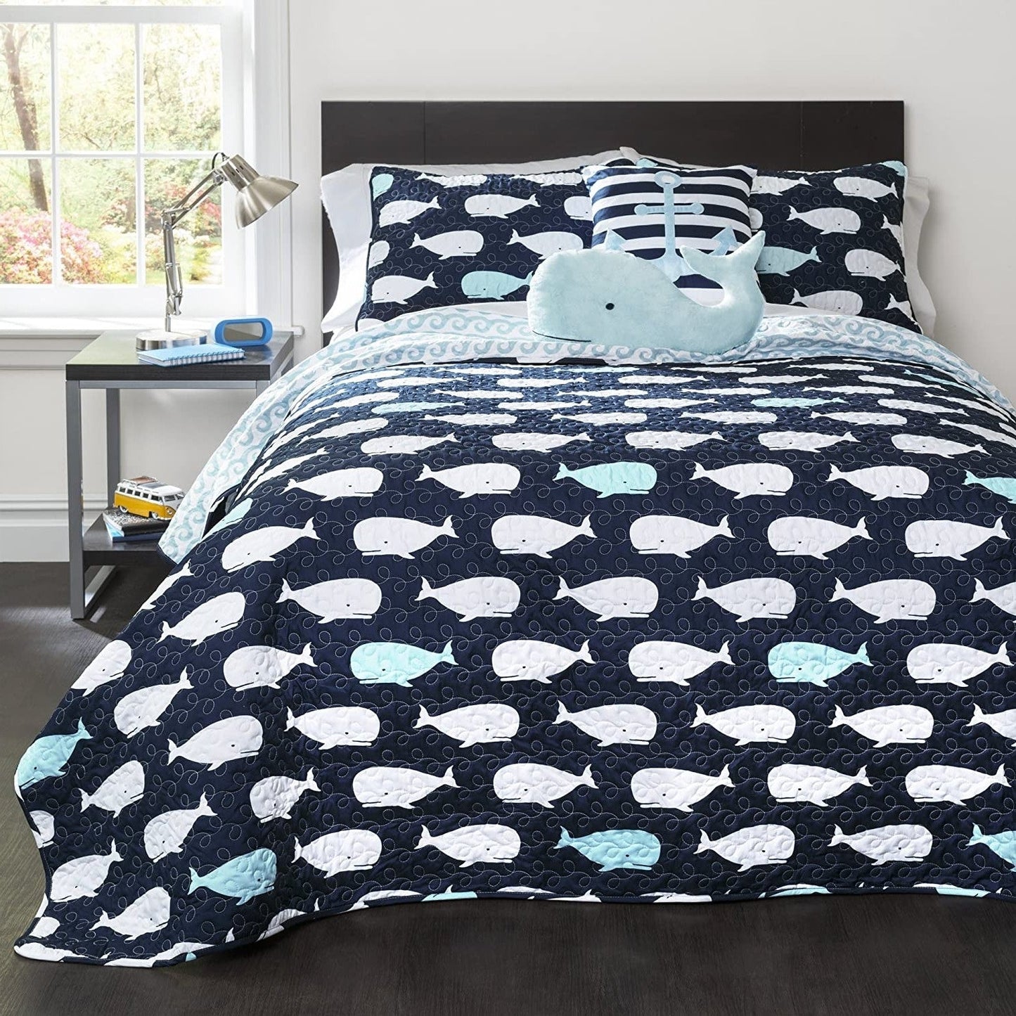 Full/Queen 5 Piece Bed In A Bag Navy Teal Microfiber Waves Whales Quilt Set