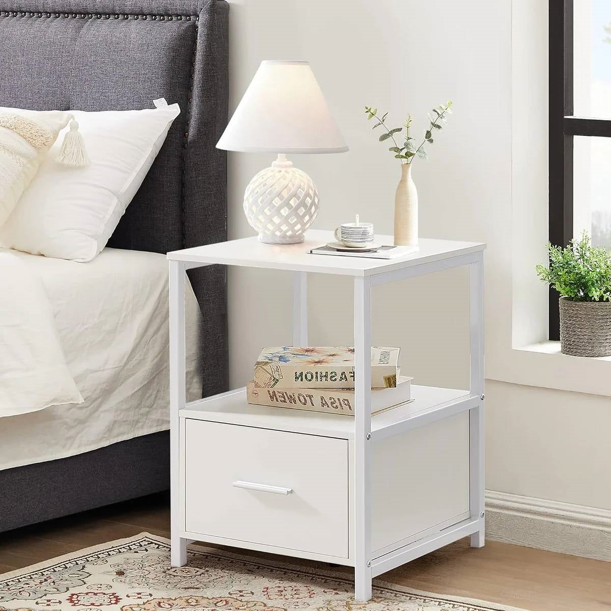 Set of 2 - Modern White Metal Wood Side End Table Nightstand with Storage Drawer