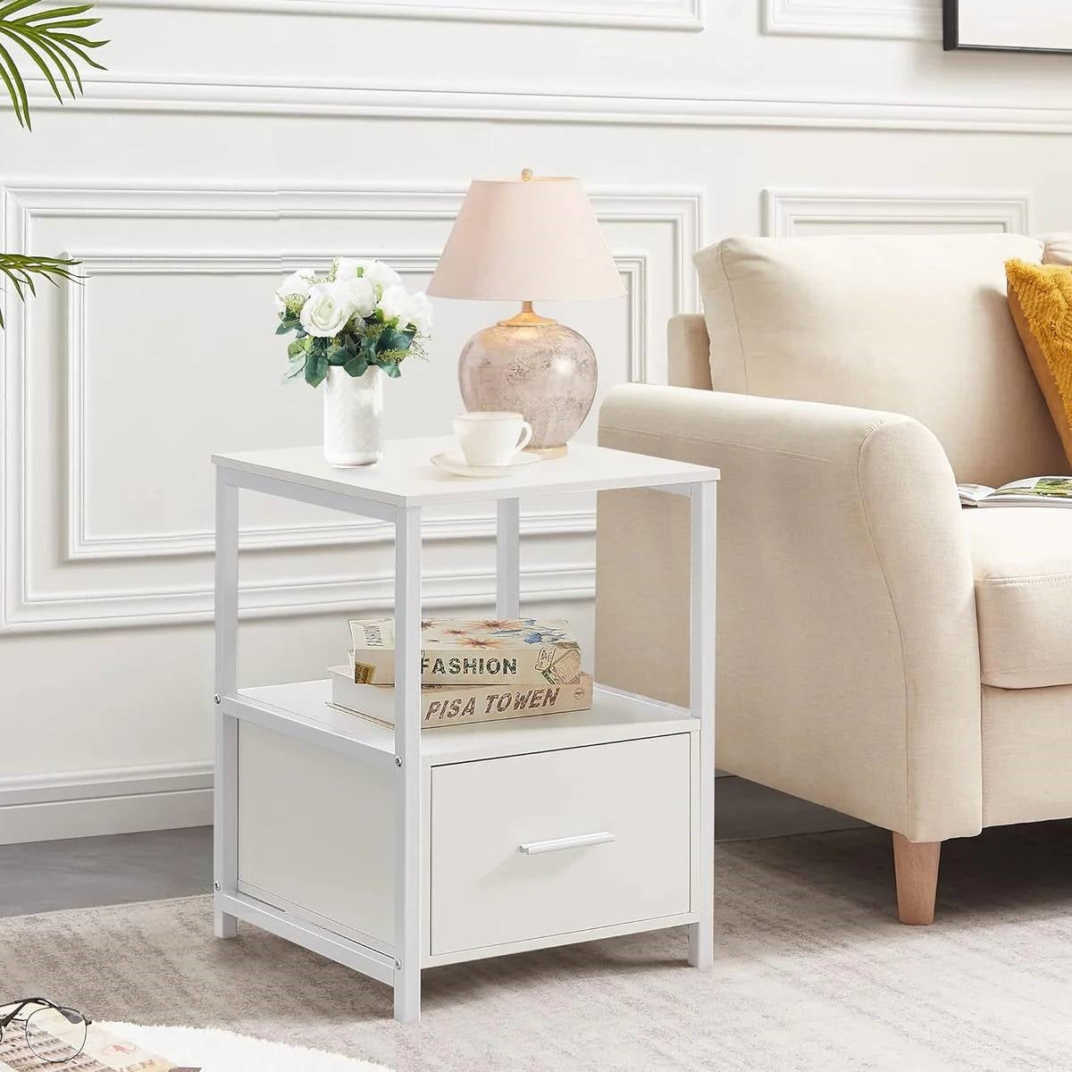 Set of 2 - Modern White Metal Wood Side End Table Nightstand with Storage Drawer