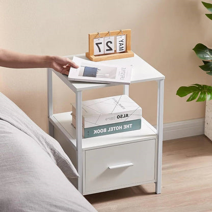 Set of 2 - Modern White Metal Wood Side End Table Nightstand with Storage Drawer