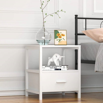 Set of 2 - Modern White Metal Wood Side End Table Nightstand with Storage Drawer