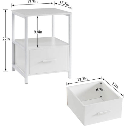 Set of 2 - Modern White Metal Wood Side End Table Nightstand with Storage Drawer