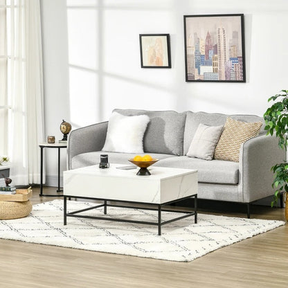 Modern White Lift Top Coffee Table w/ Hidden Storage Black Metal Legs