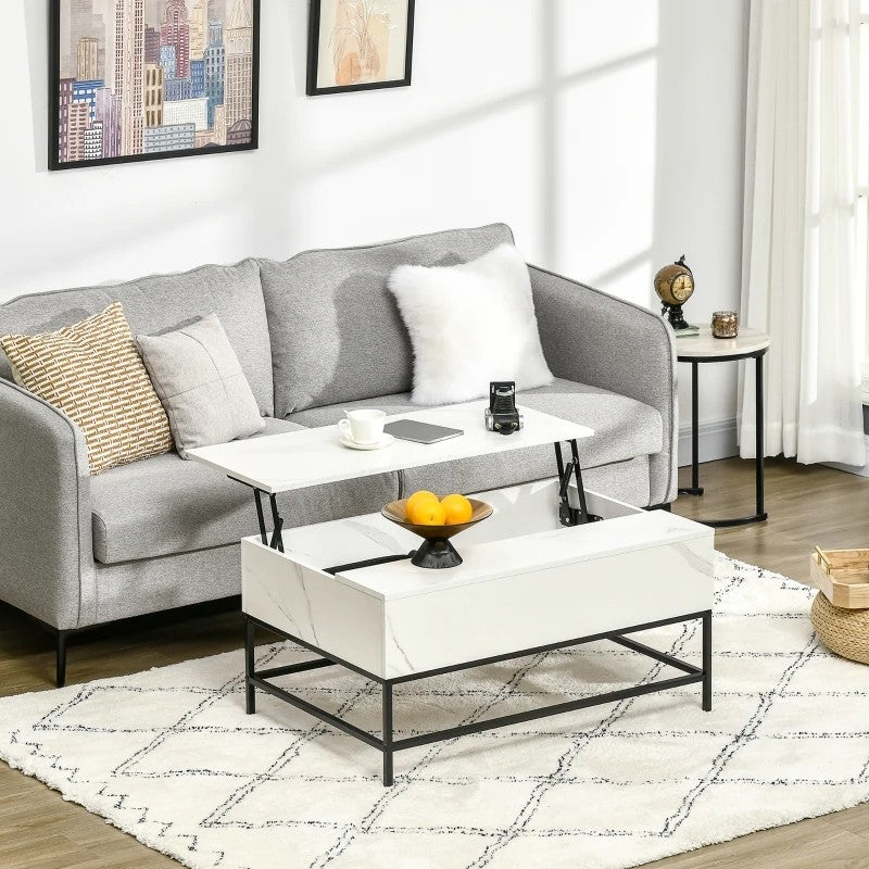 Modern White Lift Top Coffee Table w/ Hidden Storage Black Metal Legs