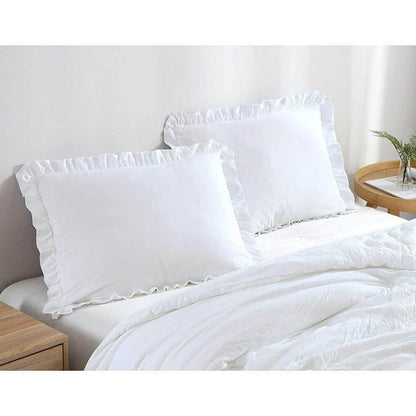 Queen Size White Ruffled Edge Microfiber Comforter Set