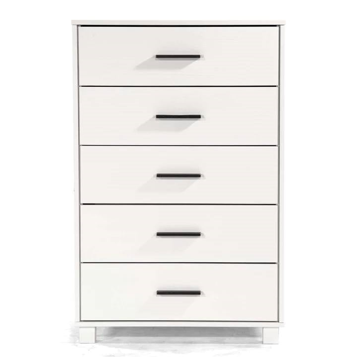 Modern Farmhouse Solid Wood 5 Drawer Bedroom Chest in White Wooden Finish