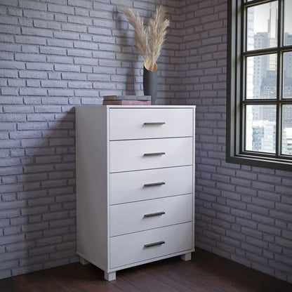 Modern Farmhouse Solid Wood 5 Drawer Bedroom Chest in White Wooden Finish