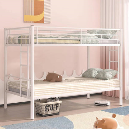White Metal Twin over Twin Bunk Bed Frame with Two Side Ladders