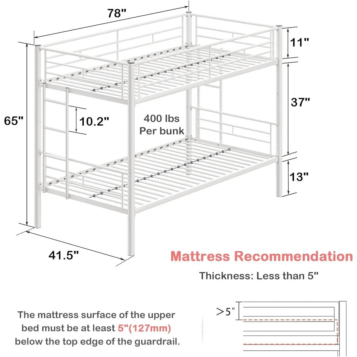 White Metal Twin over Twin Bunk Bed Frame with Two Side Ladders