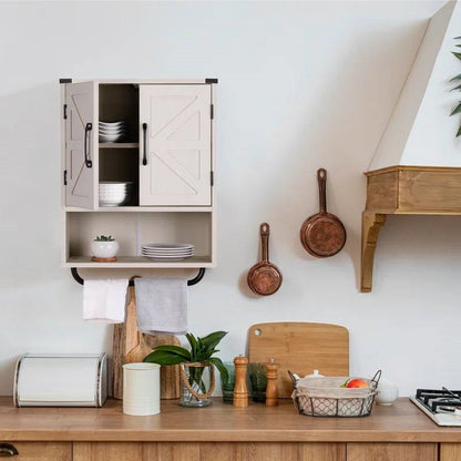 White Farmhouse Bathroom Wall Cabinet with Storage Shelf and Towel Bar