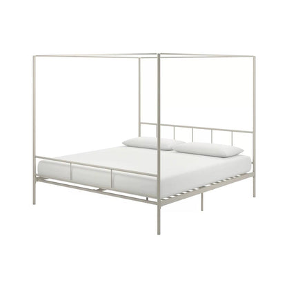 King size Modern Metal Canopy Bed Frame with Headboard and Footboard in White