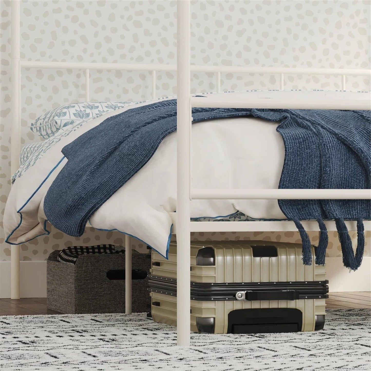 King size Modern Metal Canopy Bed Frame with Headboard and Footboard in White