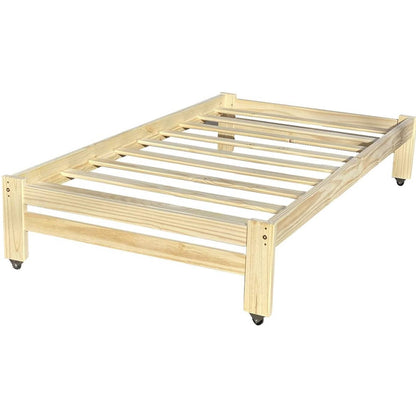 Twin Unfinished Solid Wood Platform Bed Frame with Casters Wheels