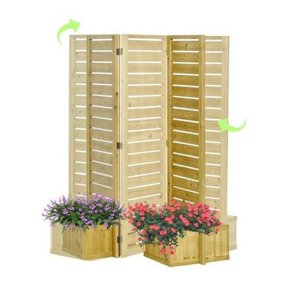 3 Panel Fir Wood Outdoor Privacy Screen with 4 Garden Bed Planters