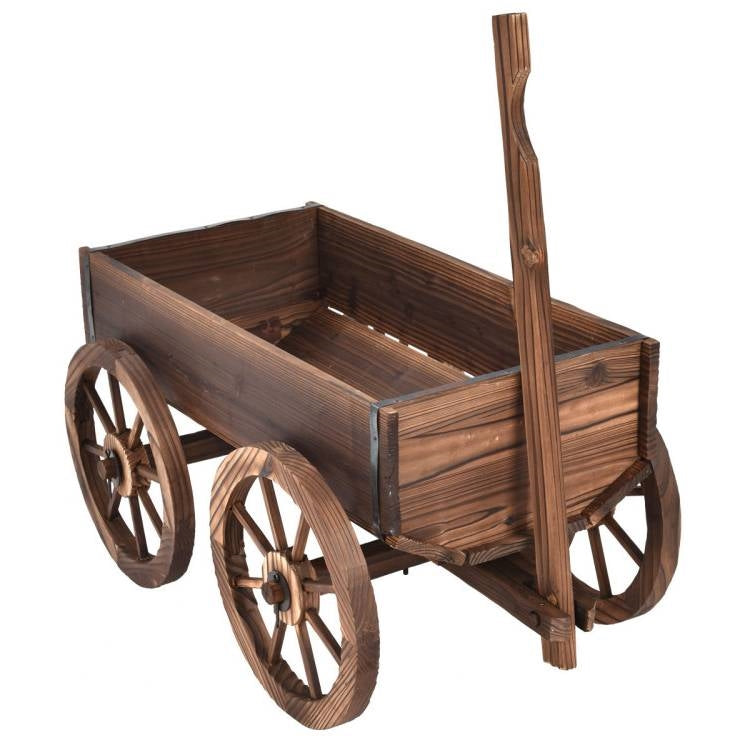 Outdoor Garden Fir Wood Barrel Planter Wagon on Wooden Wheels