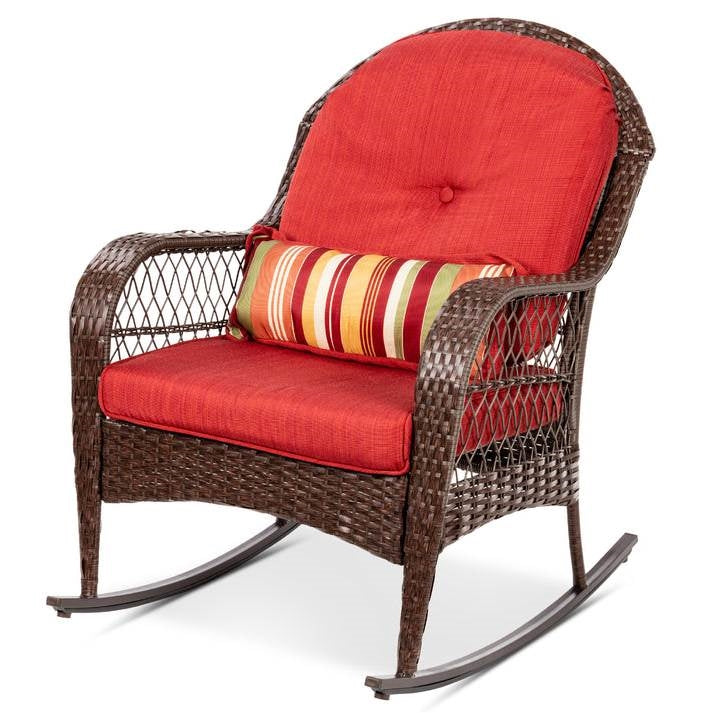 Outdoor Patio Brown Wicker Rocking Chair with Red Cushions and Accent Pillow