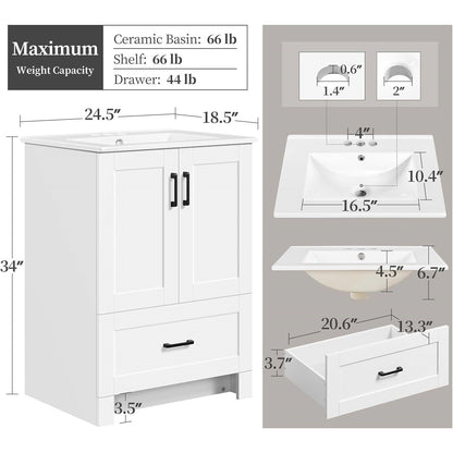 White Wood Finish Bathroom Vanity with Ceramic Sink