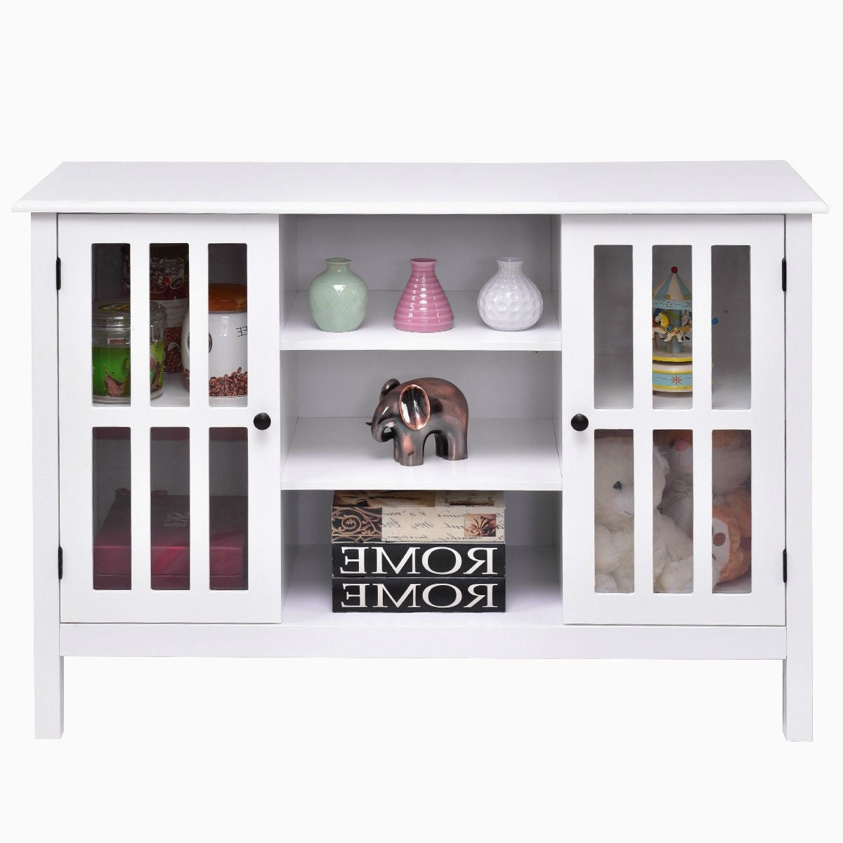 White Wood Sofa Table Console Cabinet with Tempered Glass Panel Doors