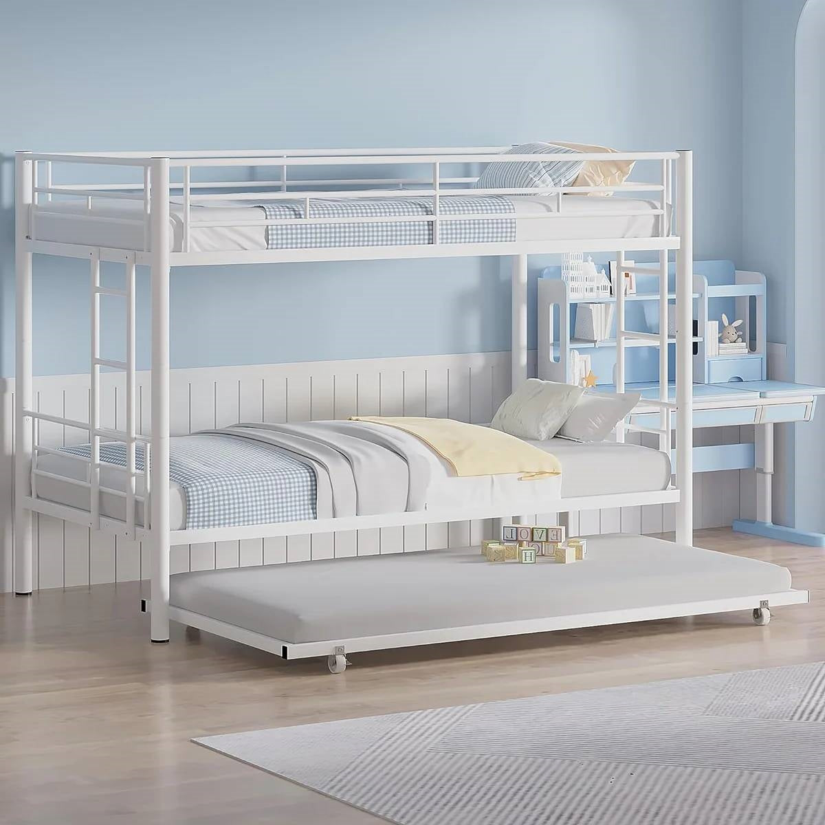White Metal Twin over Twin Bunk Bed with Twin size Roll-Out Trundle Bed Frame