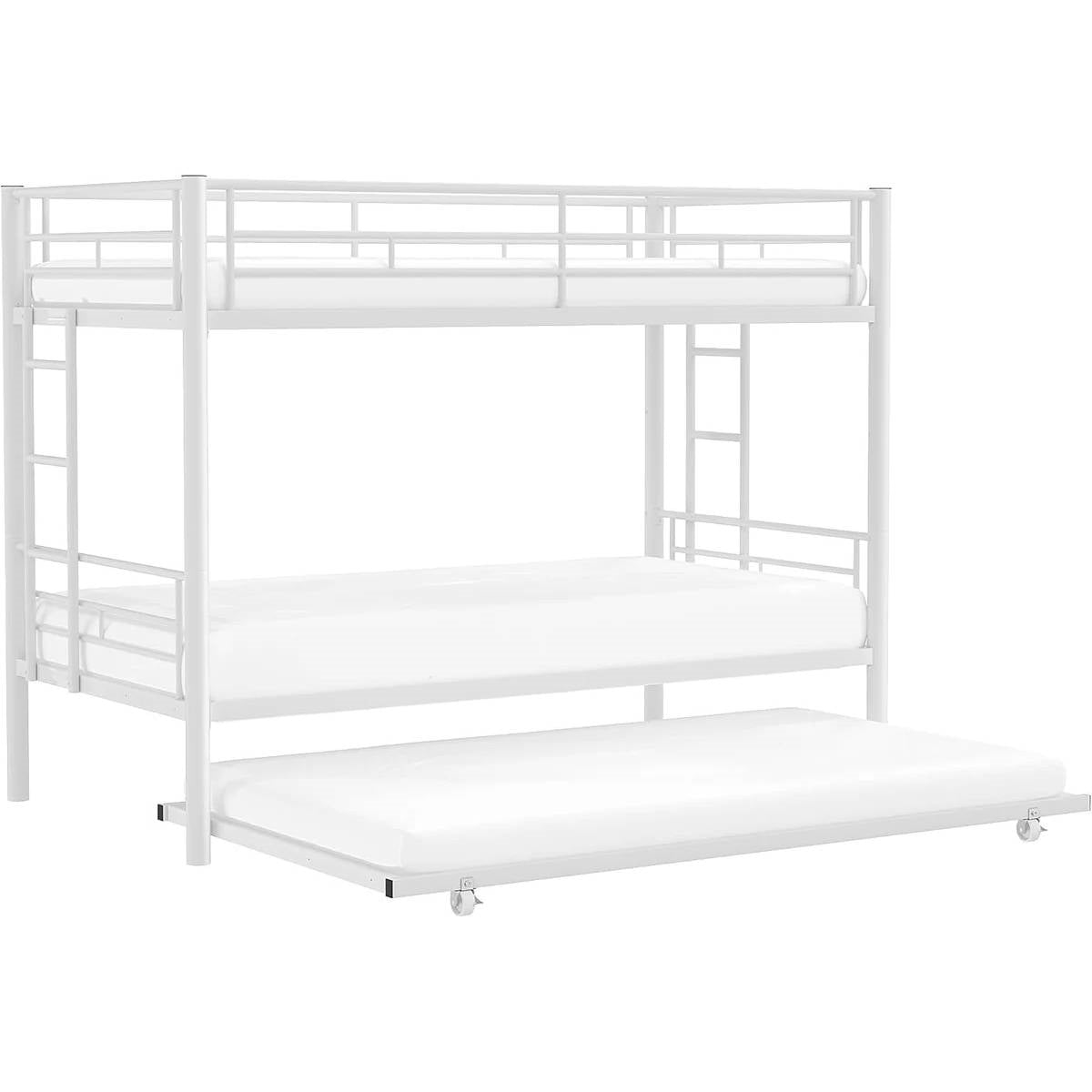 White Metal Twin over Twin Bunk Bed with Twin size Roll-Out Trundle Bed Frame