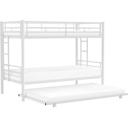 White Metal Twin over Twin Bunk Bed with Twin size Roll-Out Trundle Bed Frame