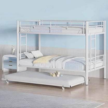 White Metal Twin over Twin Bunk Bed with Twin size Roll-Out Trundle Bed Frame