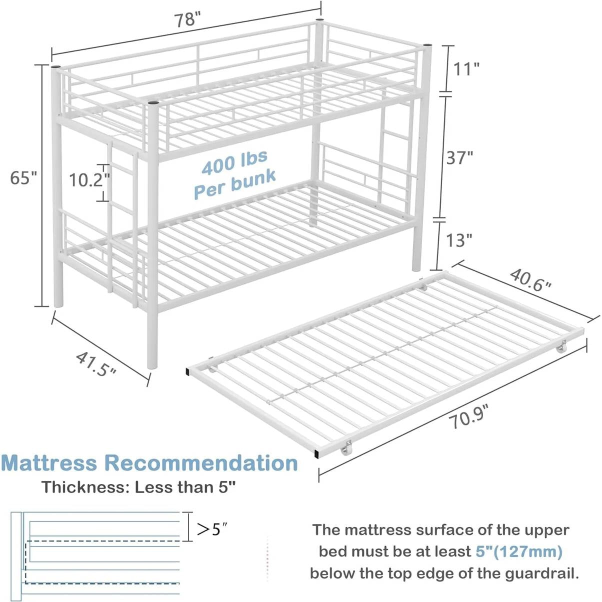 White Metal Twin over Twin Bunk Bed with Twin size Roll-Out Trundle Bed Frame