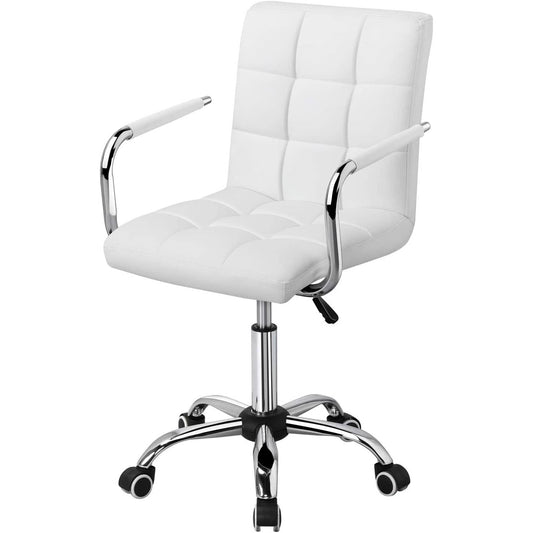 White Modern Faux Leather Mid-Back Swivel Office Chair with Armrests and Wheels