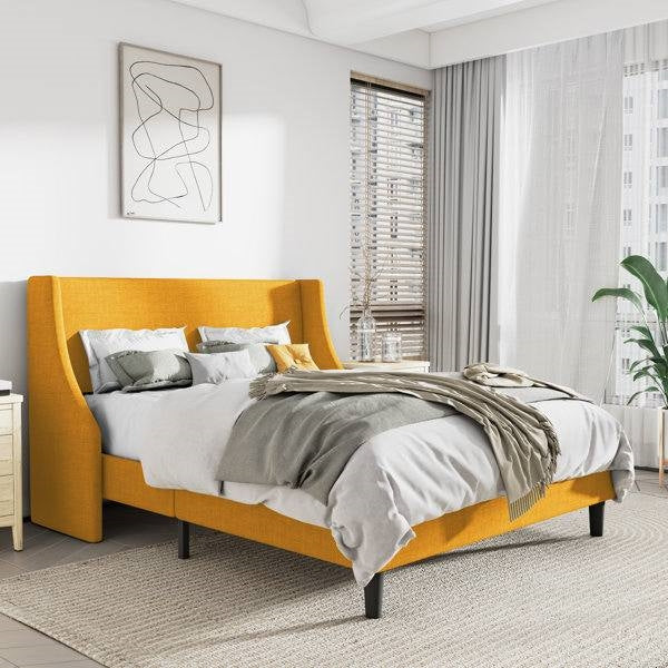 King Size Upholstered Linen Blend Headboard Wingback Platform Bed in Yellow