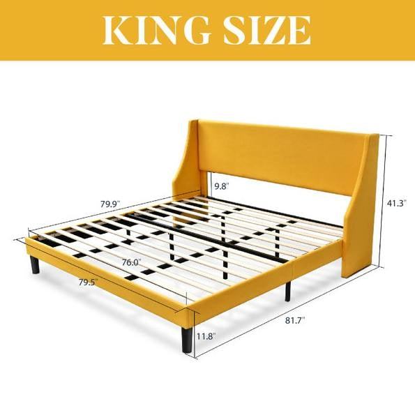 King Size Upholstered Linen Blend Headboard Wingback Platform Bed in Yellow