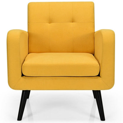 Mid-Century Modern Yellow Linen Upholstered Accent Chair with Wooden Legs