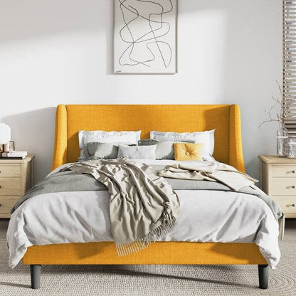 Queen Size Yellow Linen Blend Upholstered Platform Bed with Wingback Headboard