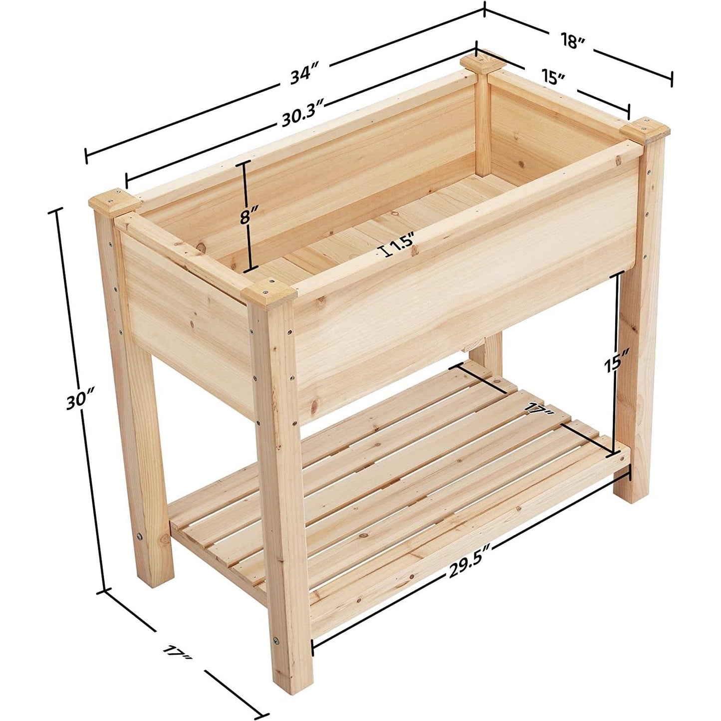 Solid Wood 2-Tier Raised Garden Bed Planter Bed with Bottom Storage Shelf