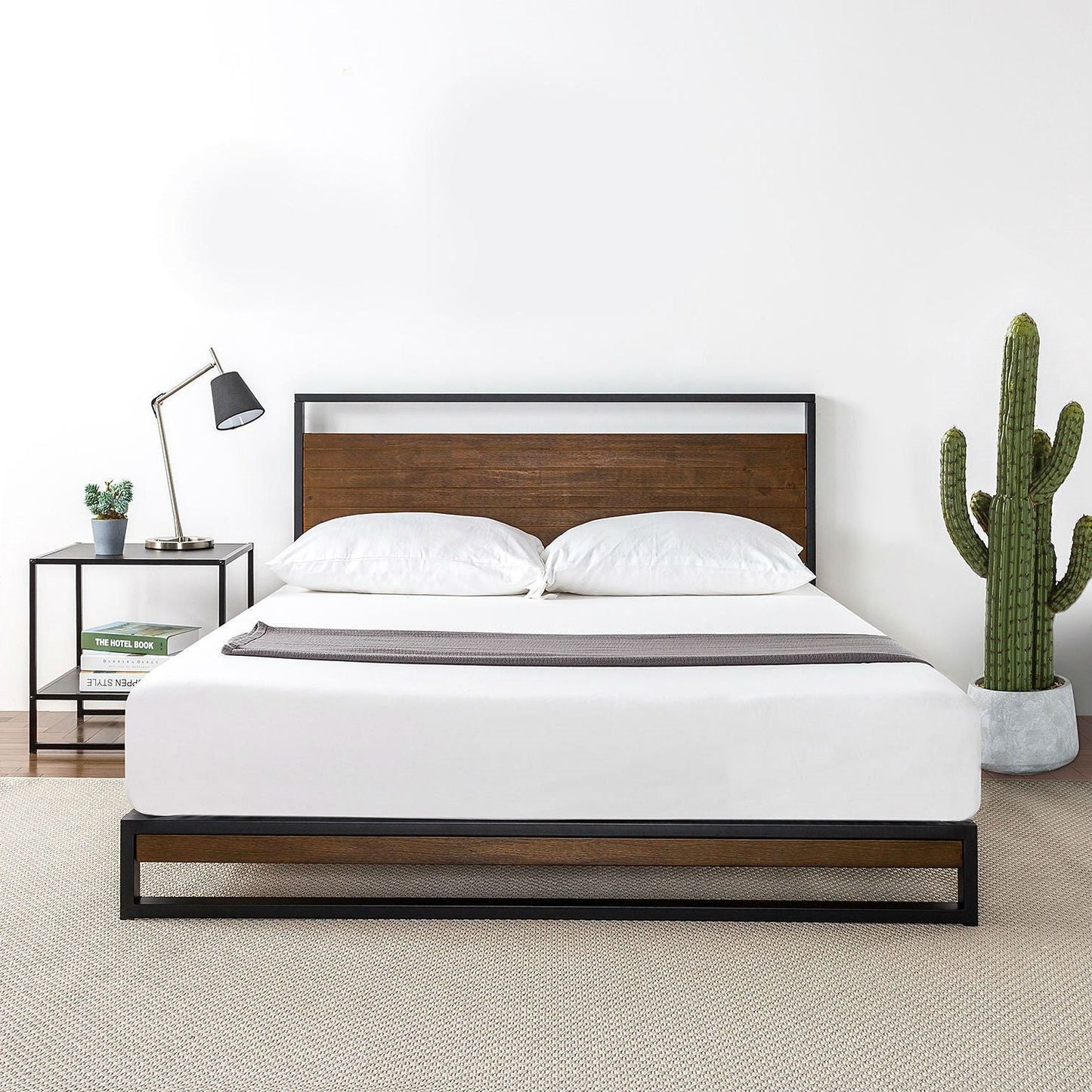 Twin size Metal Wood Platform Bed Frame with Headboard