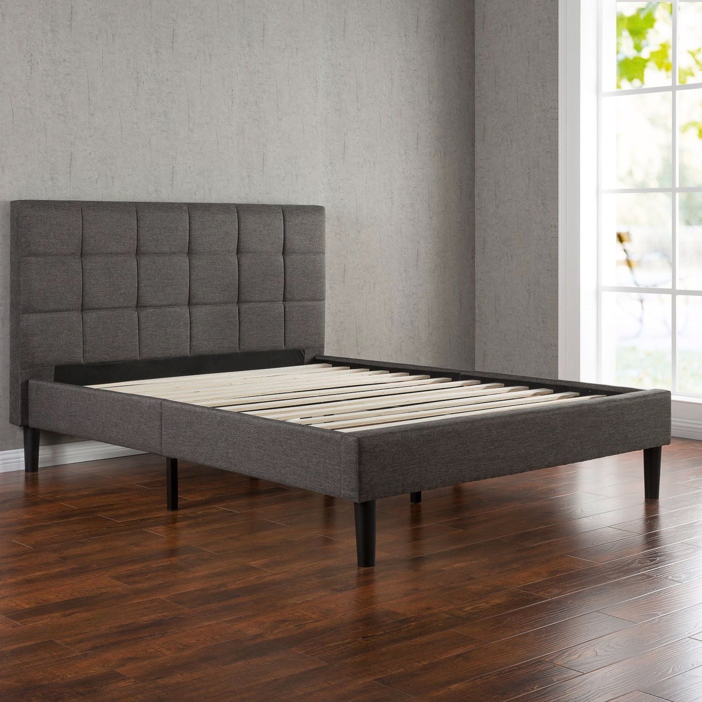 Twin size Classic Grey Fabric Upholstered Platform Bed with Padded Headboard