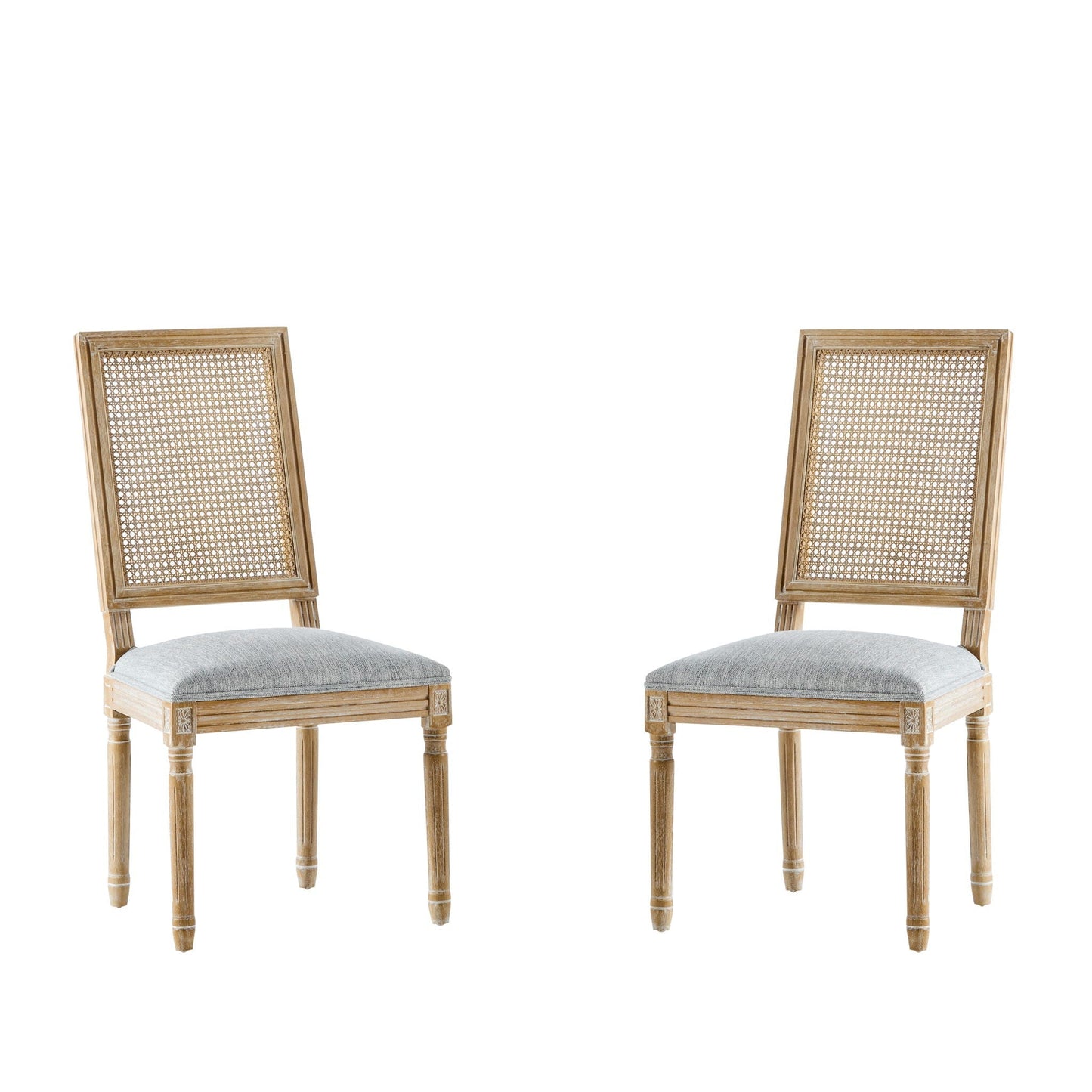 French Country Dining Chair With Rectangular Cane Backrest And Smooth Upholstered Seating