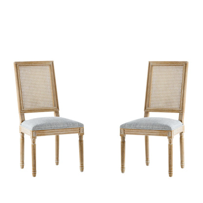 French Country Dining Chair With Rectangular Cane Backrest And Smooth Upholstered Seating